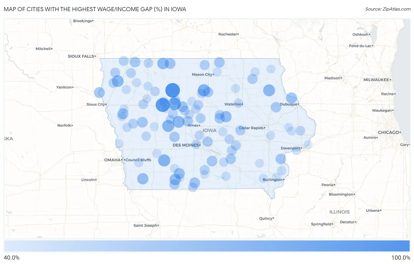 Cities with the Highest Wage/Income Gap (%) in Iowa Map