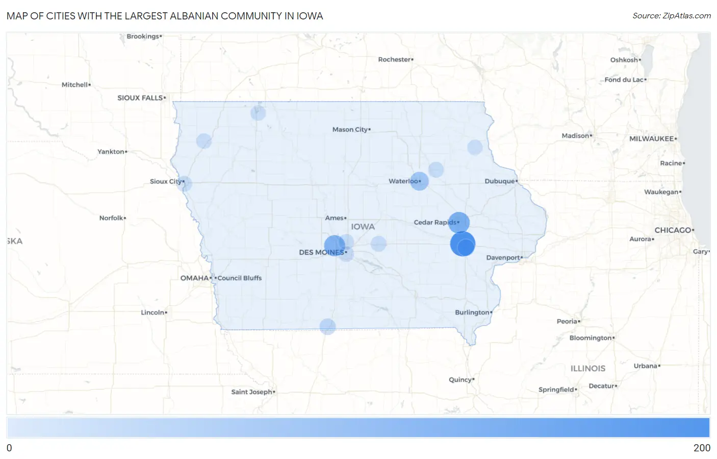 Cities with the Largest Albanian Community in Iowa Map