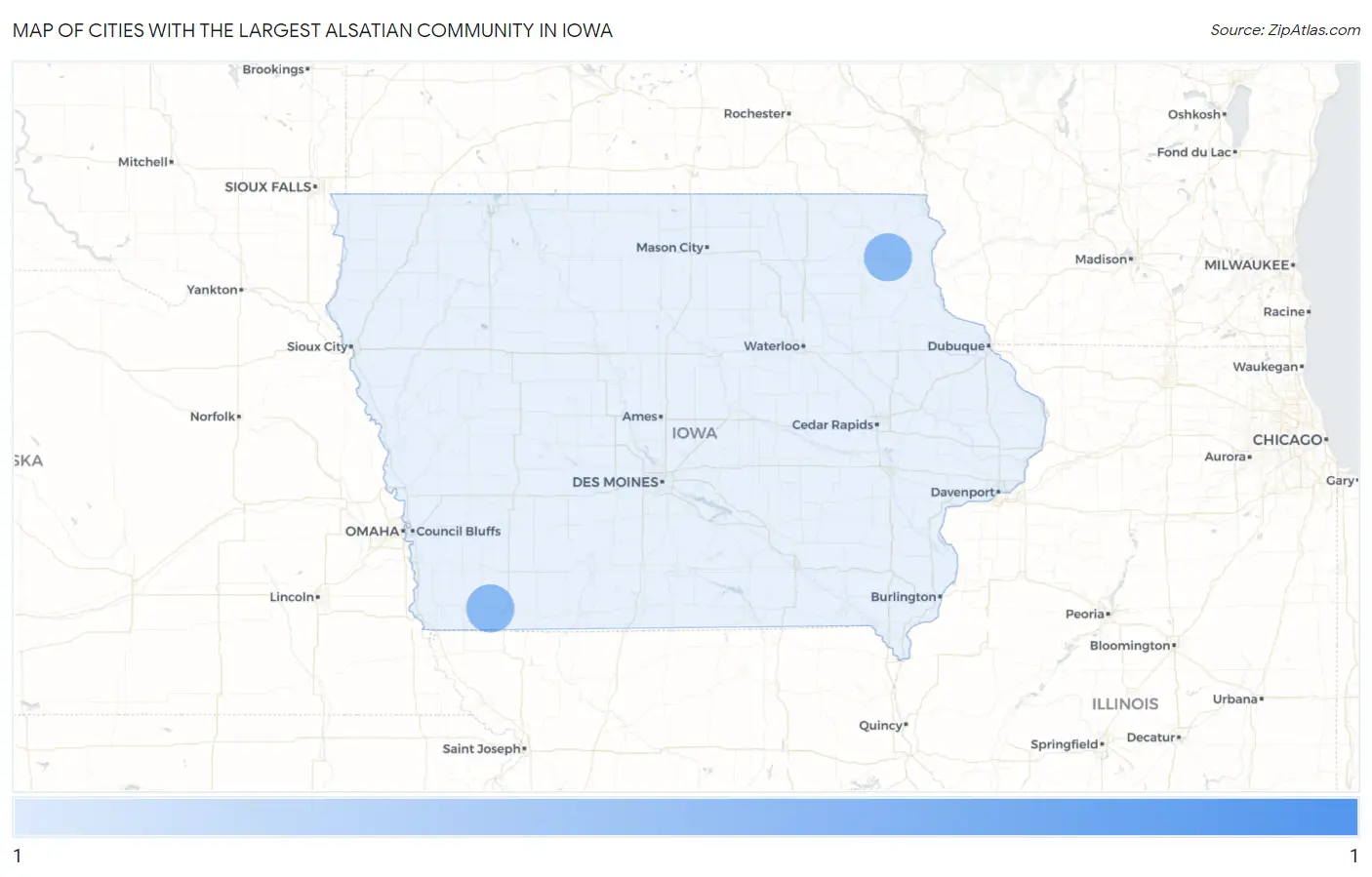 Cities with the Largest Alsatian Community in Iowa Map