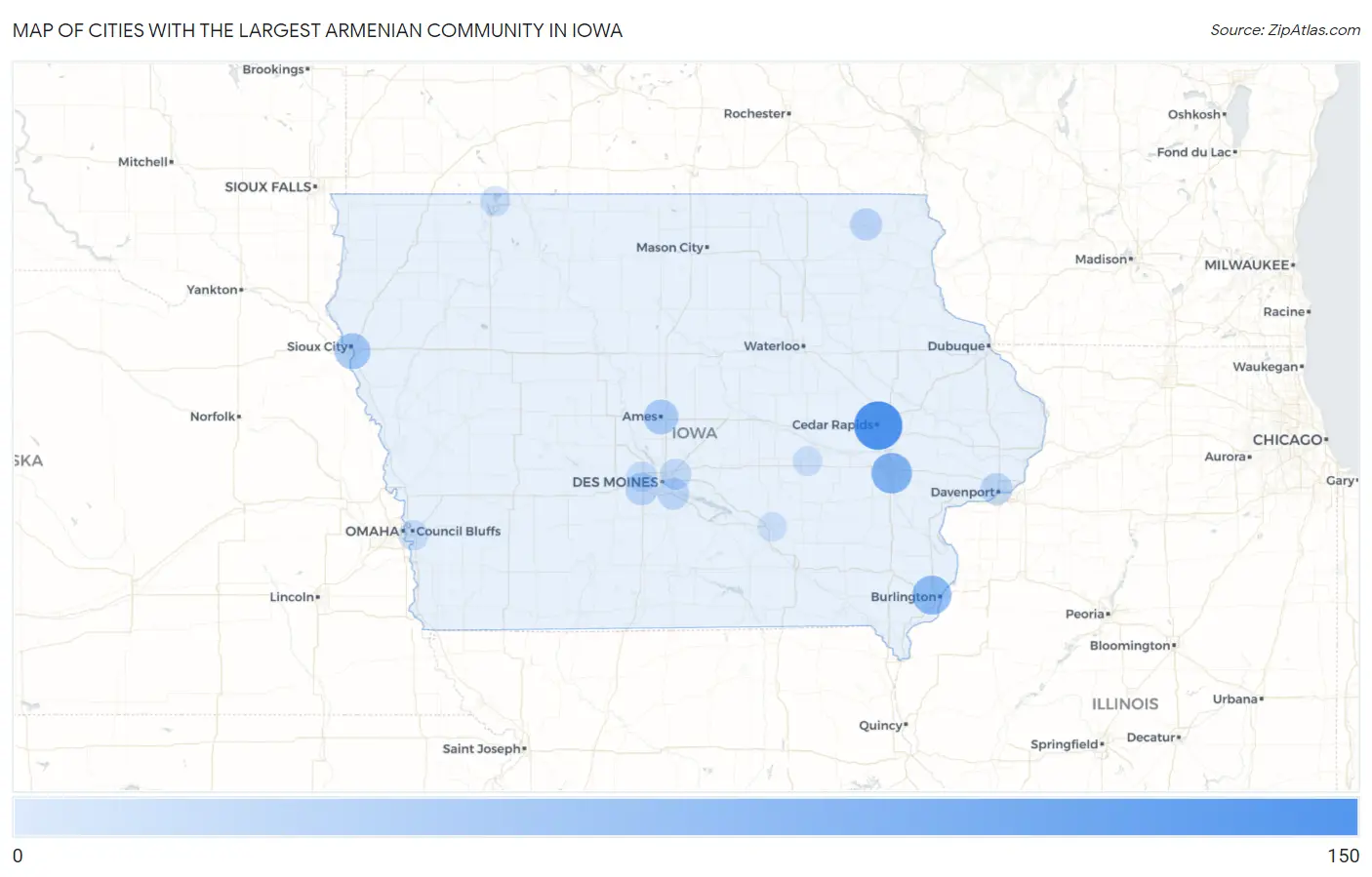 Cities with the Largest Armenian Community in Iowa Map