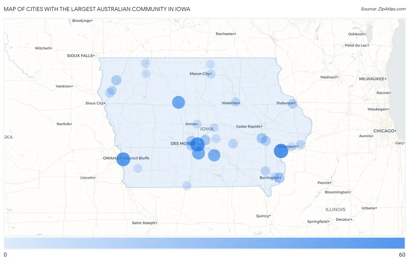 Cities with the Largest Australian Community in Iowa Map