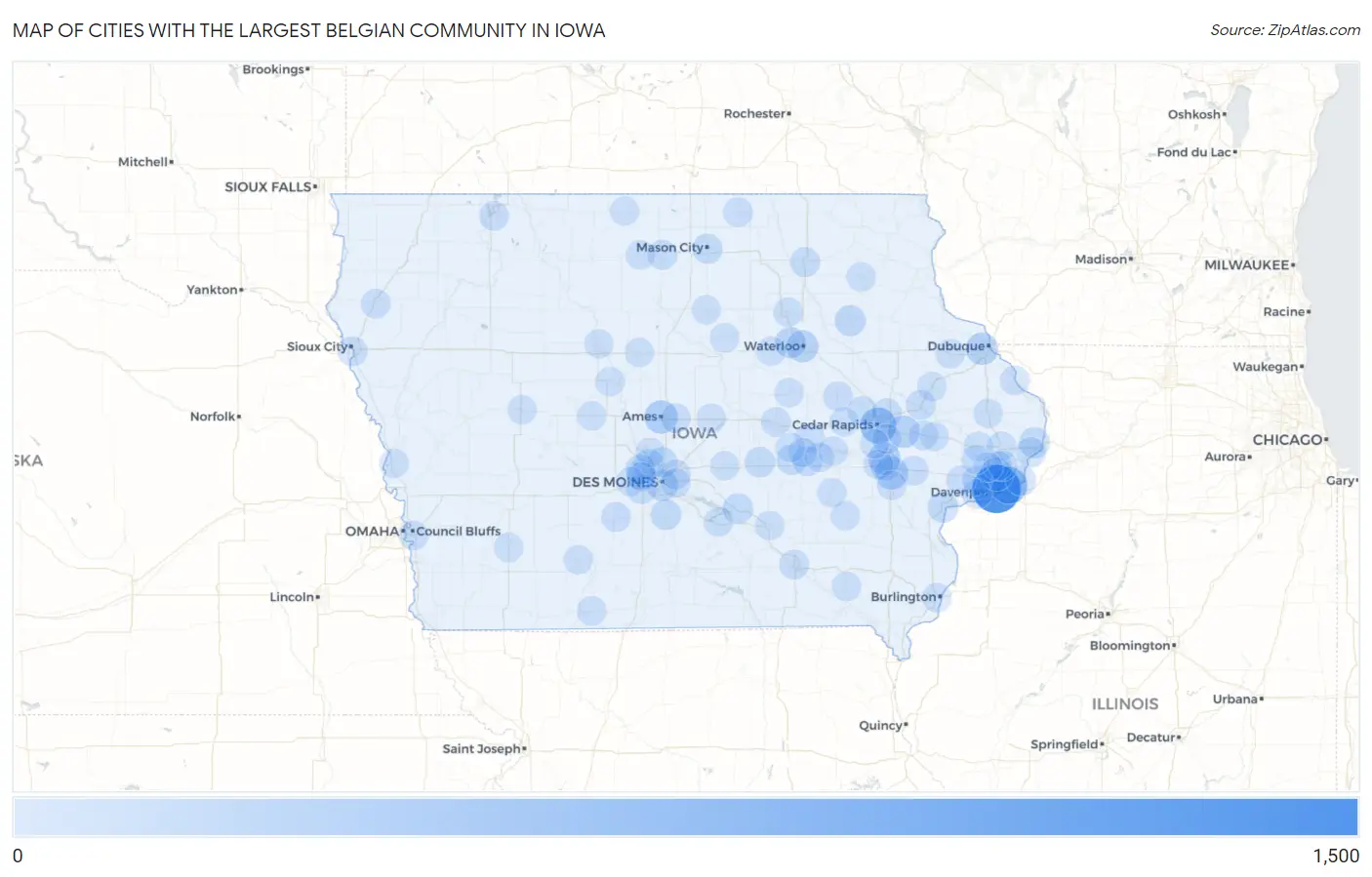 Cities with the Largest Belgian Community in Iowa Map