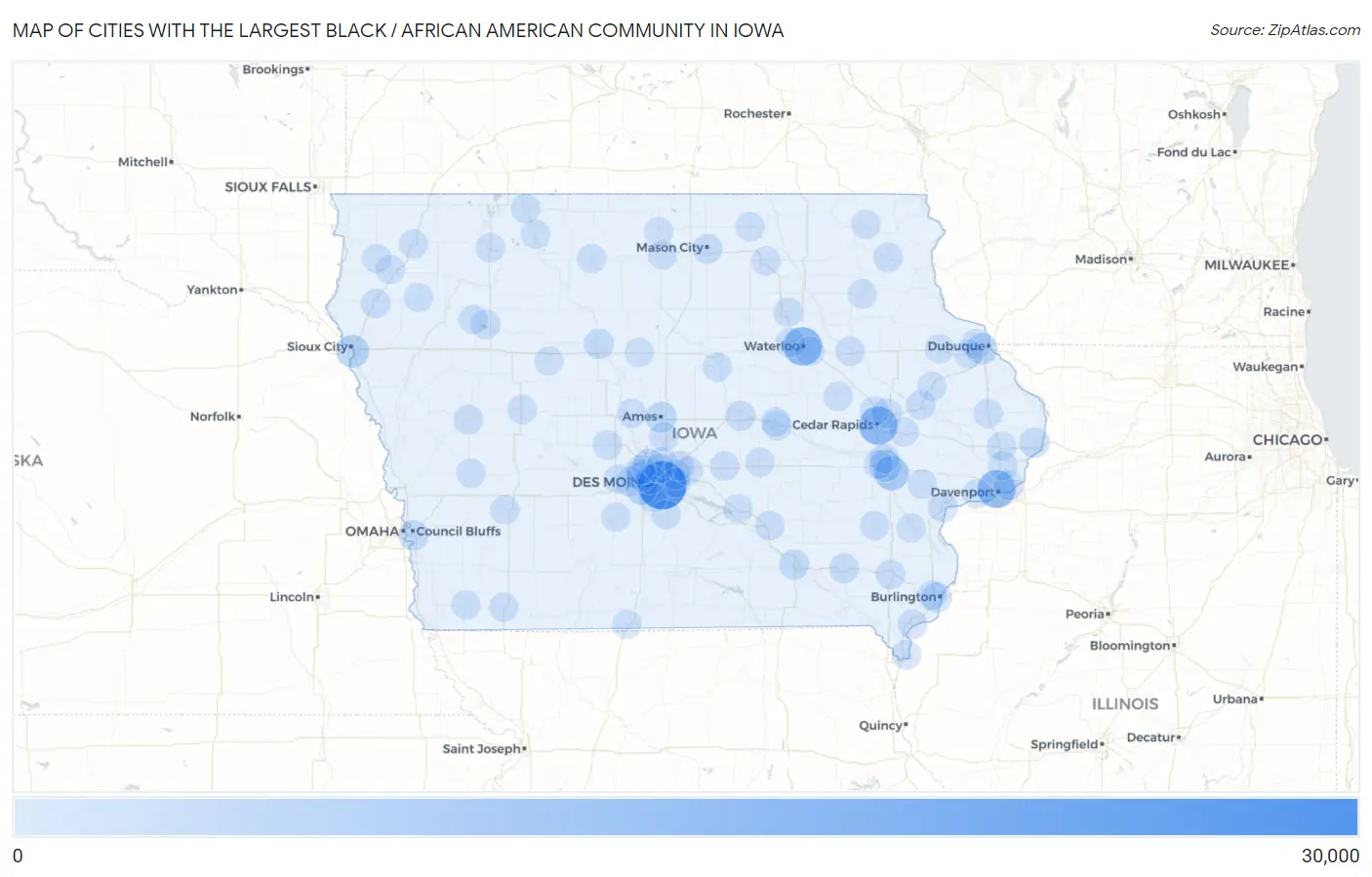 Cities with the Largest Black / African American Community in Iowa Map
