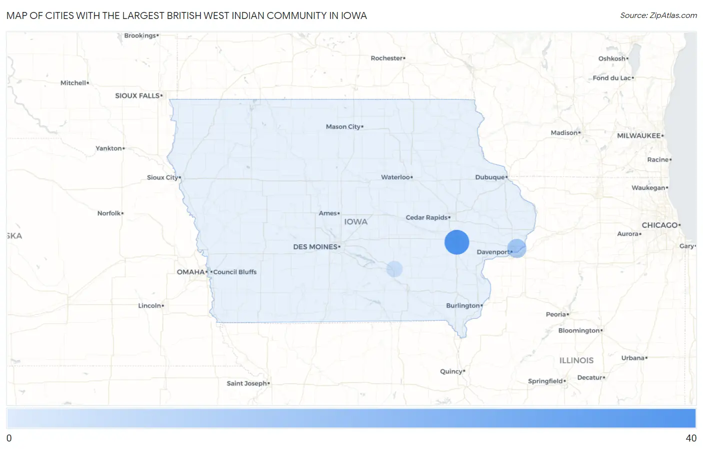 Cities with the Largest British West Indian Community in Iowa Map