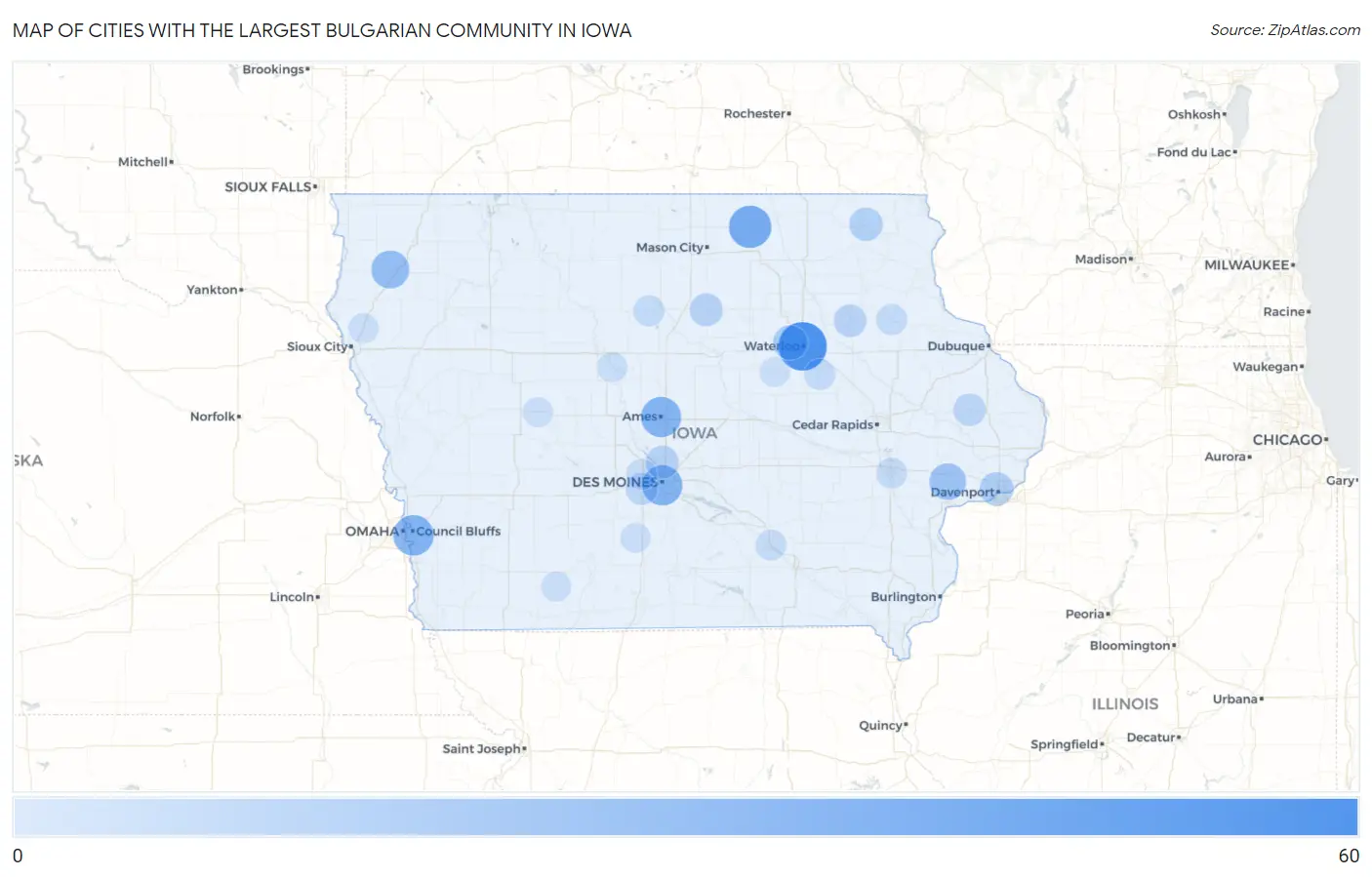 Cities with the Largest Bulgarian Community in Iowa Map