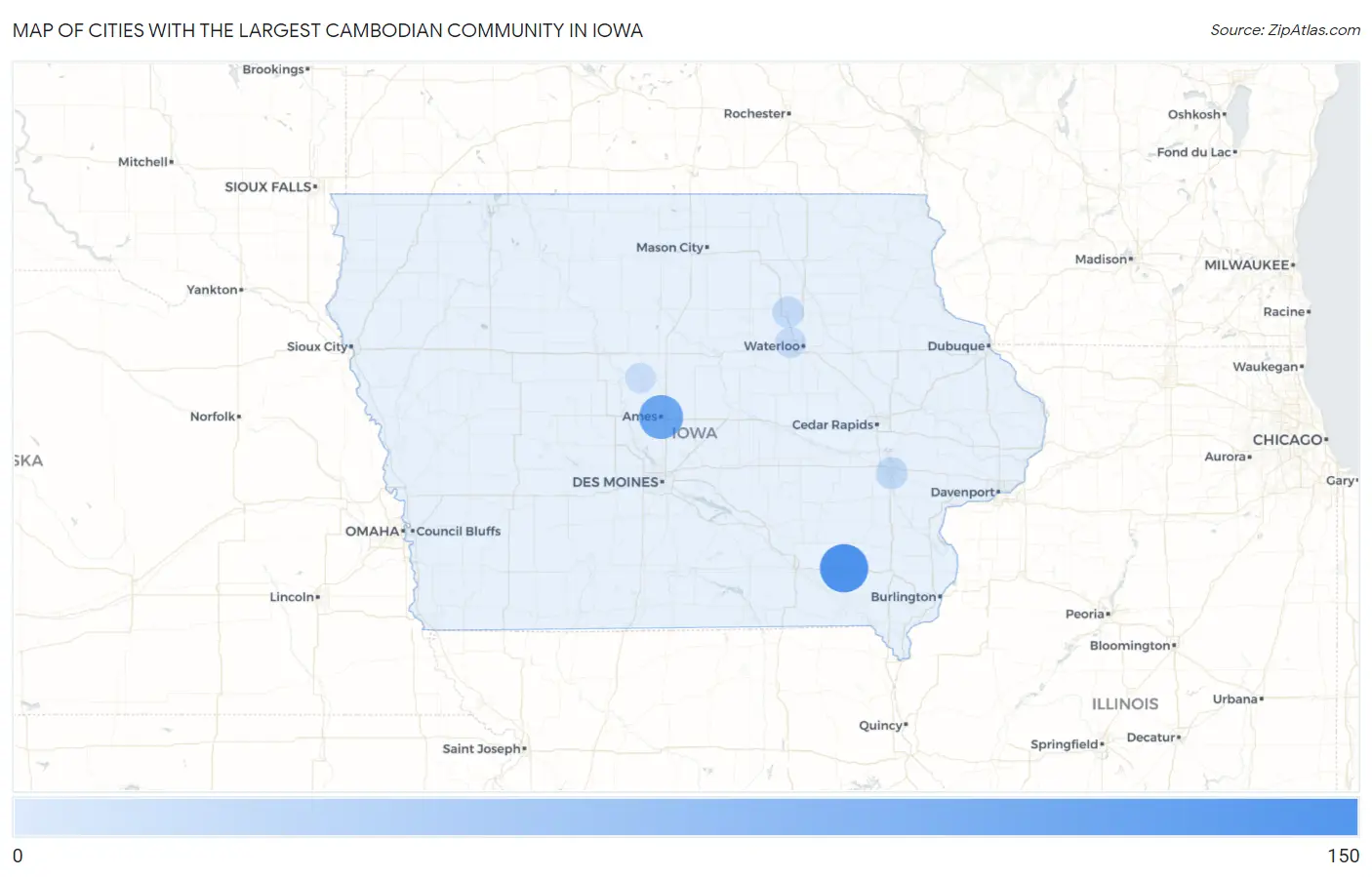 Cities with the Largest Cambodian Community in Iowa Map
