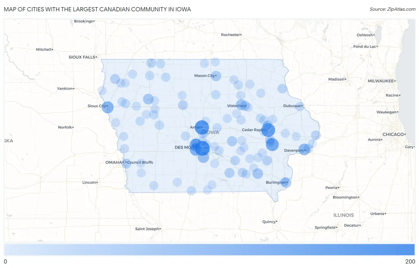 Cities with the Largest Canadian Community in Iowa Map