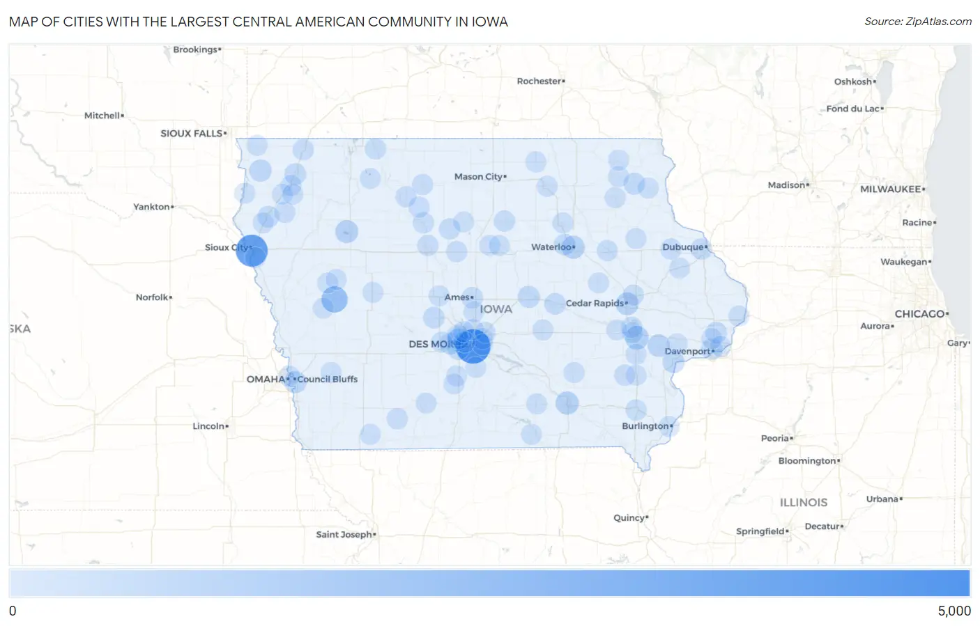 Cities with the Largest Central American Community in Iowa Map