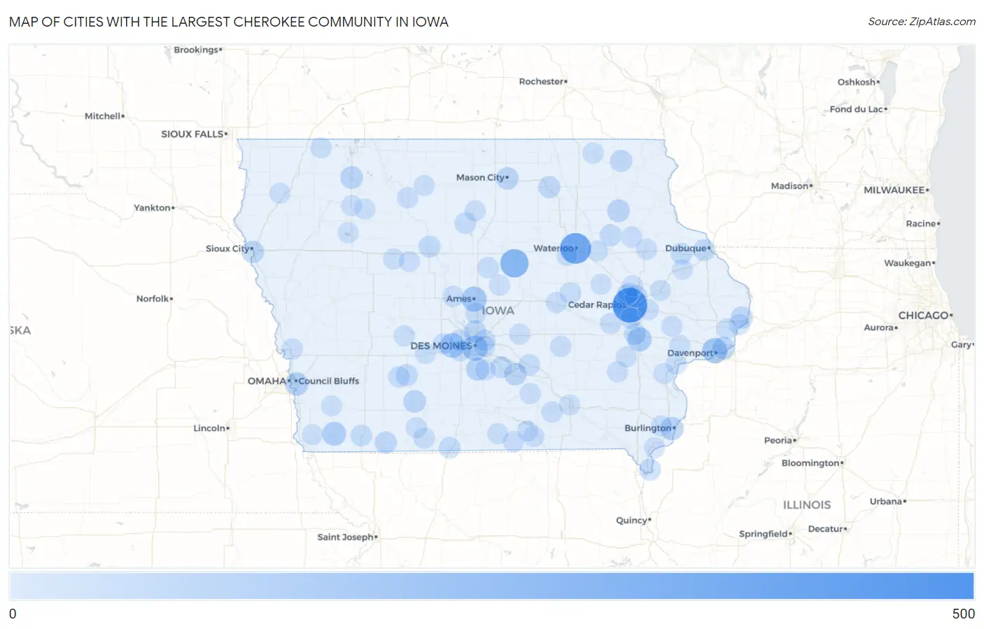 Cities with the Largest Cherokee Community in Iowa Map