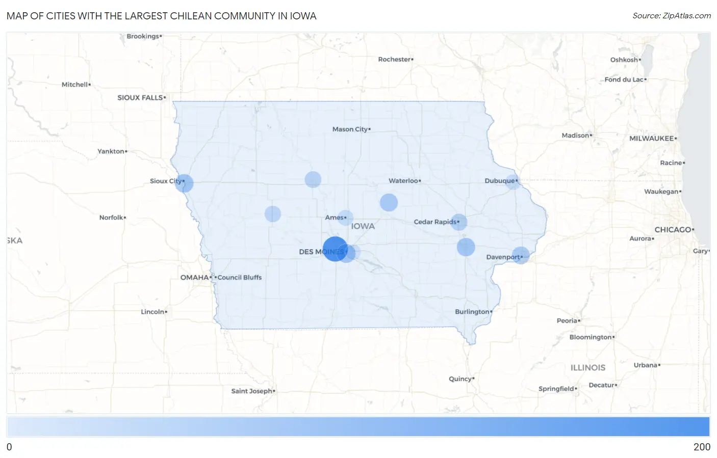 Cities with the Largest Chilean Community in Iowa Map