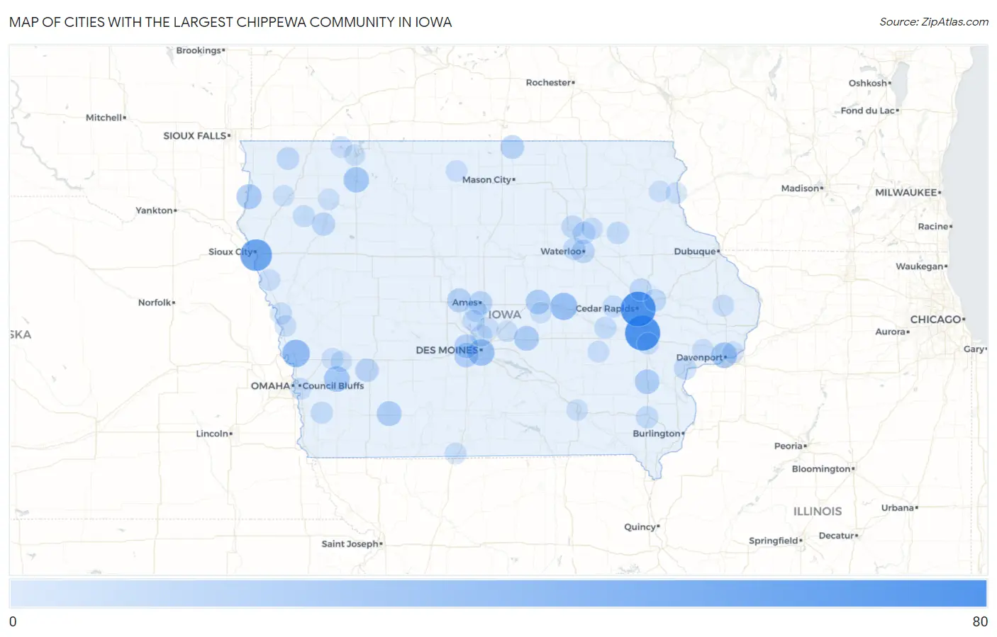 Cities with the Largest Chippewa Community in Iowa Map