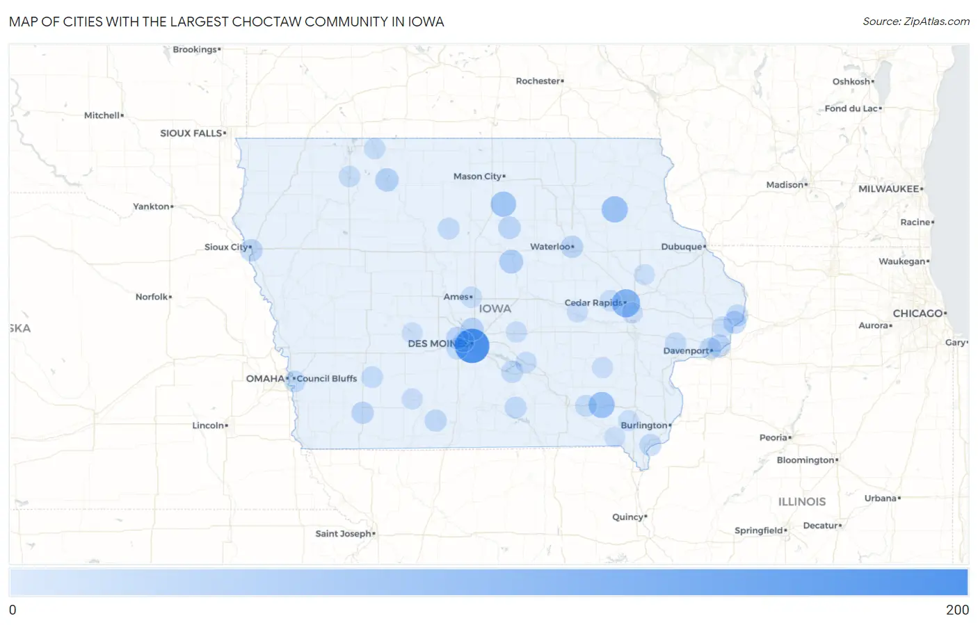 Cities with the Largest Choctaw Community in Iowa Map