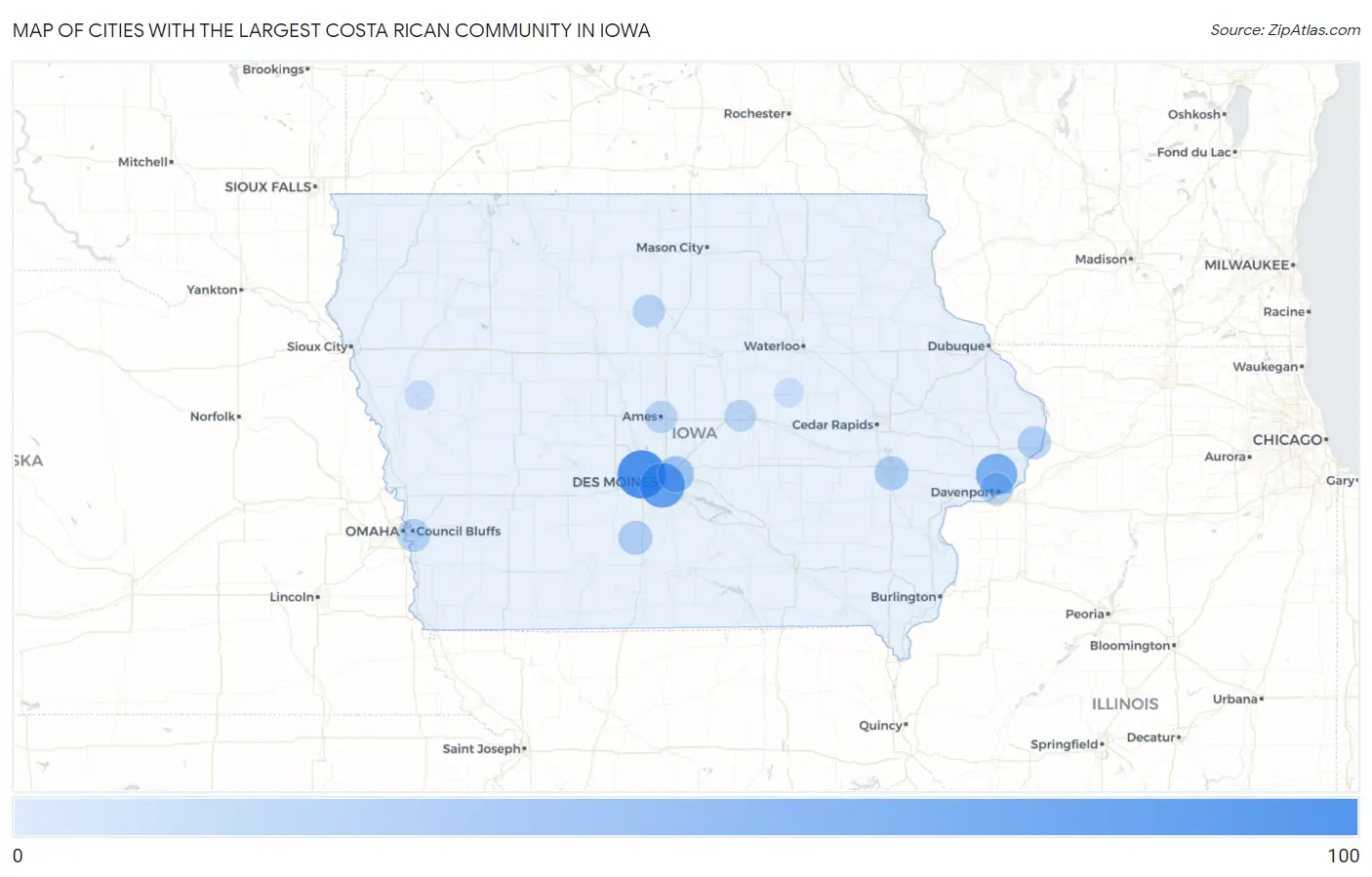 Cities with the Largest Costa Rican Community in Iowa Map