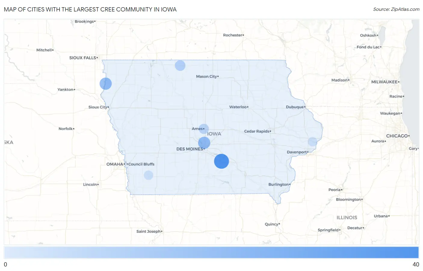 Cities with the Largest Cree Community in Iowa Map