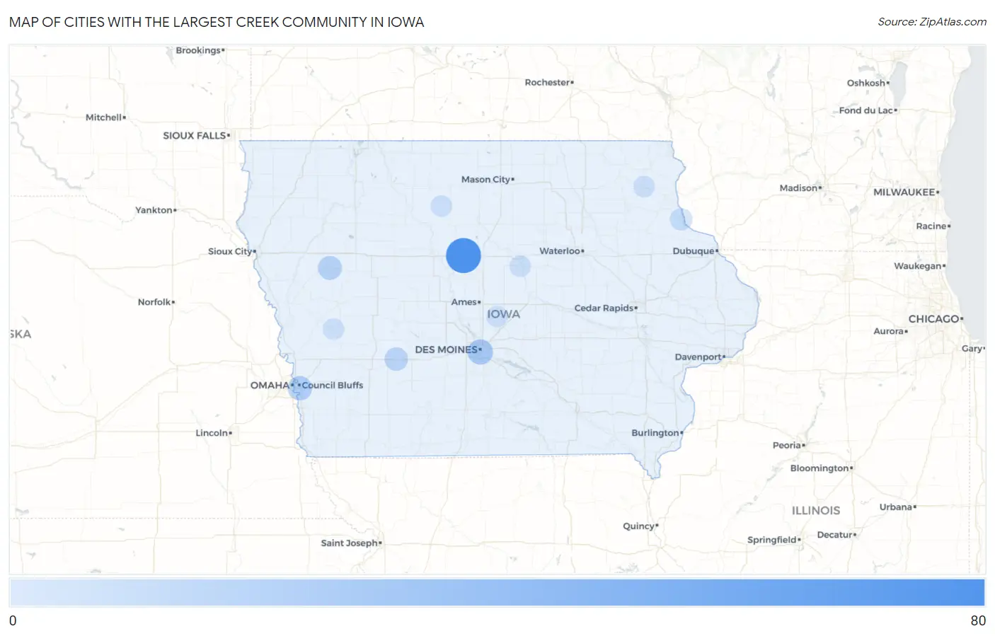 Cities with the Largest Creek Community in Iowa Map