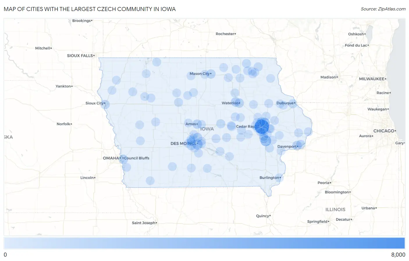 Cities with the Largest Czech Community in Iowa Map