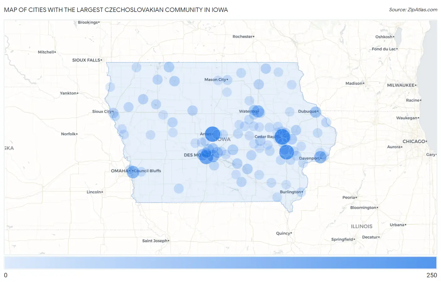 Cities with the Largest Czechoslovakian Community in Iowa Map