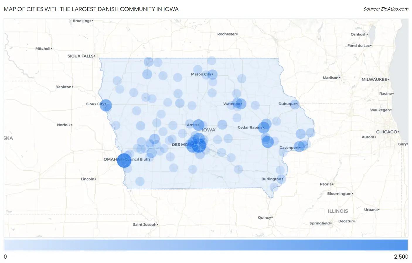 Cities with the Largest Danish Community in Iowa Map