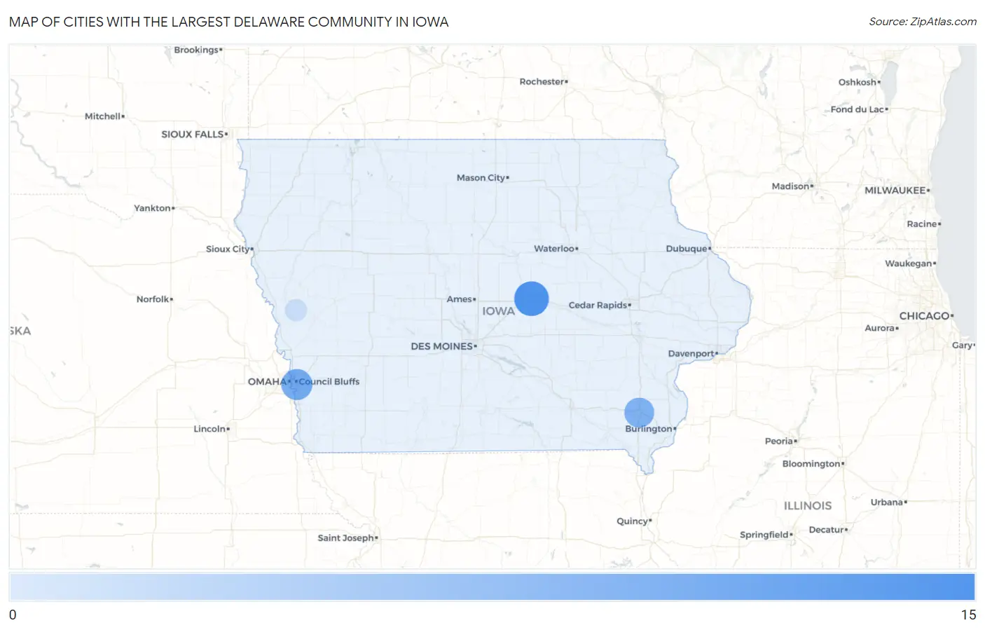Cities with the Largest Delaware Community in Iowa Map