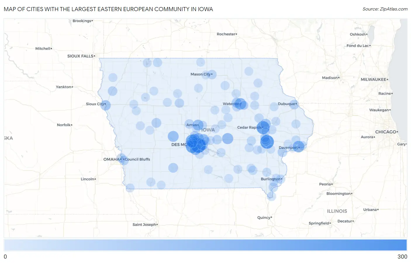 Cities with the Largest Eastern European Community in Iowa Map