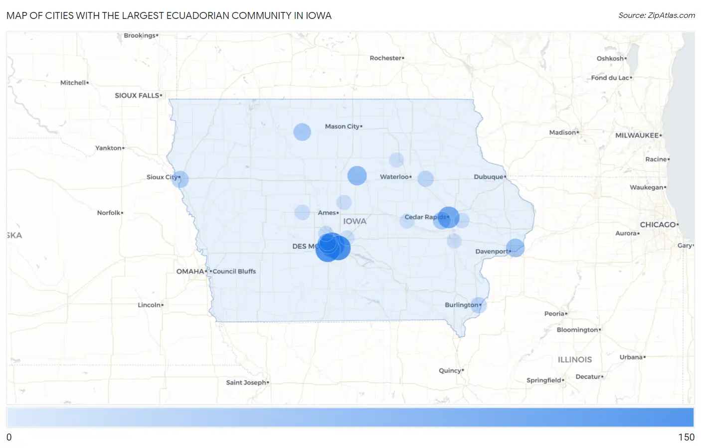 Cities with the Largest Ecuadorian Community in Iowa Map