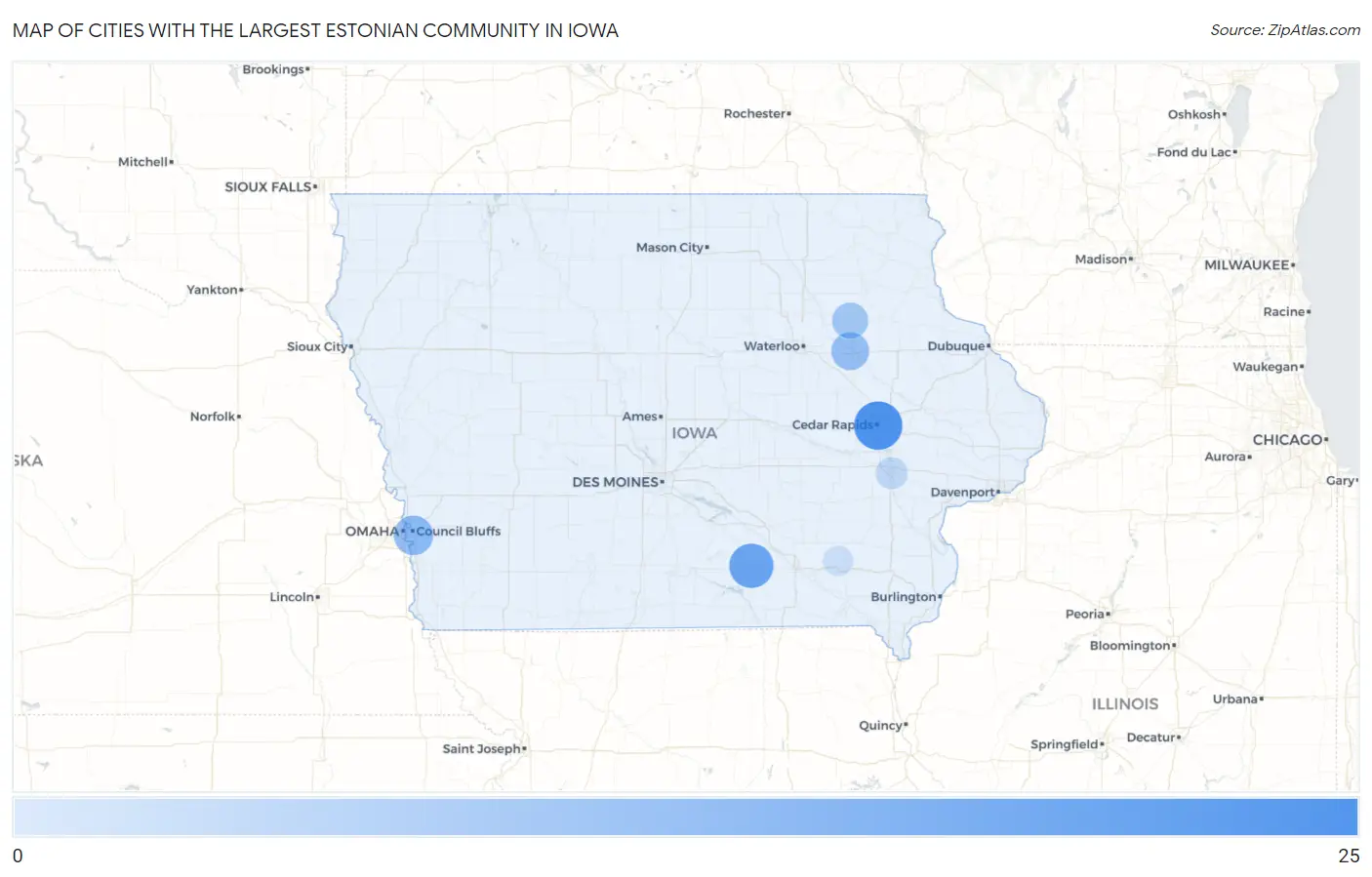 Cities with the Largest Estonian Community in Iowa Map