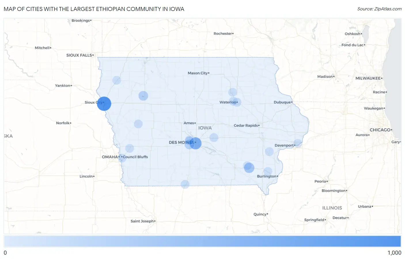 Cities with the Largest Ethiopian Community in Iowa Map