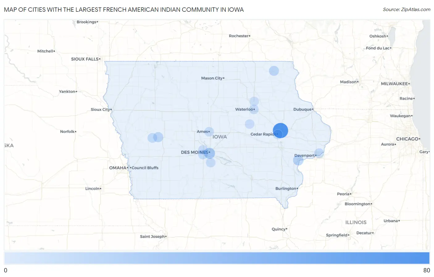 Cities with the Largest French American Indian Community in Iowa Map