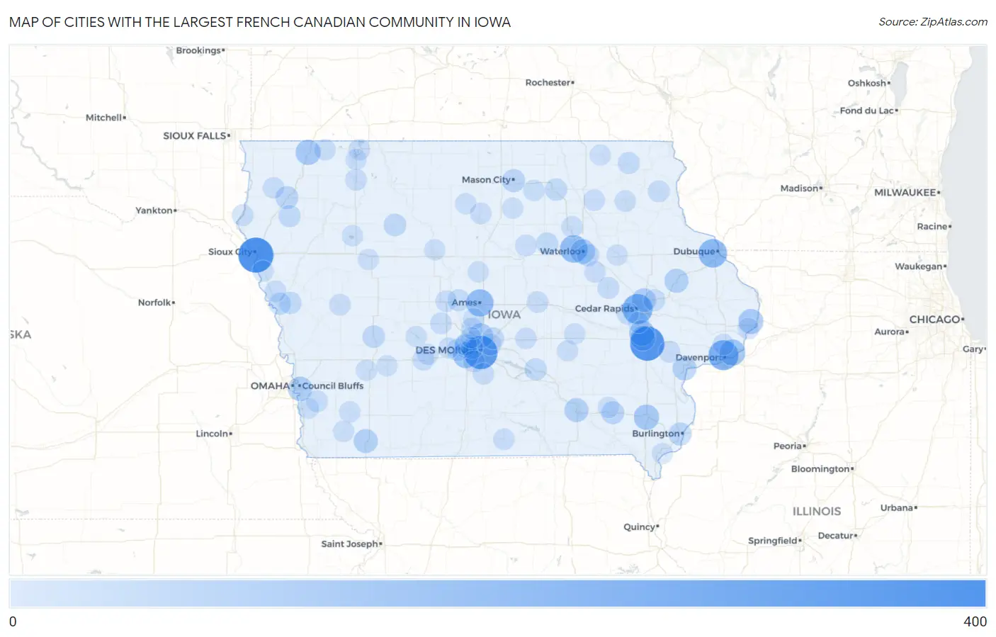 Cities with the Largest French Canadian Community in Iowa Map