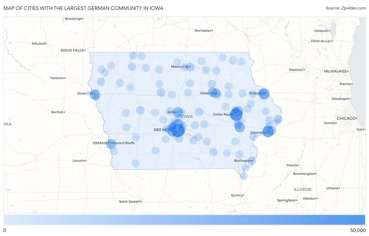 Cities with the Largest German Community in Iowa Map