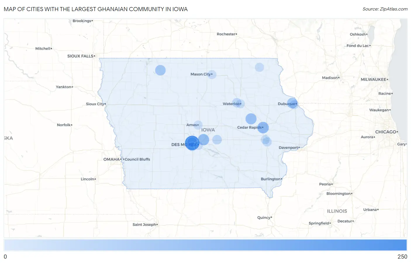Cities with the Largest Ghanaian Community in Iowa Map