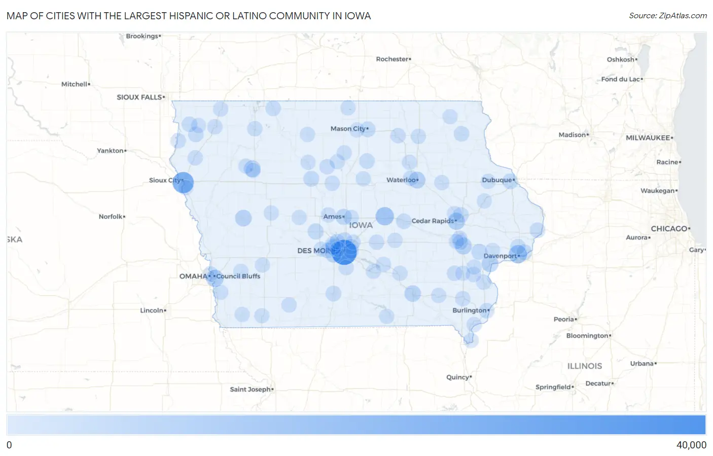 Cities with the Largest Hispanic or Latino Community in Iowa Map