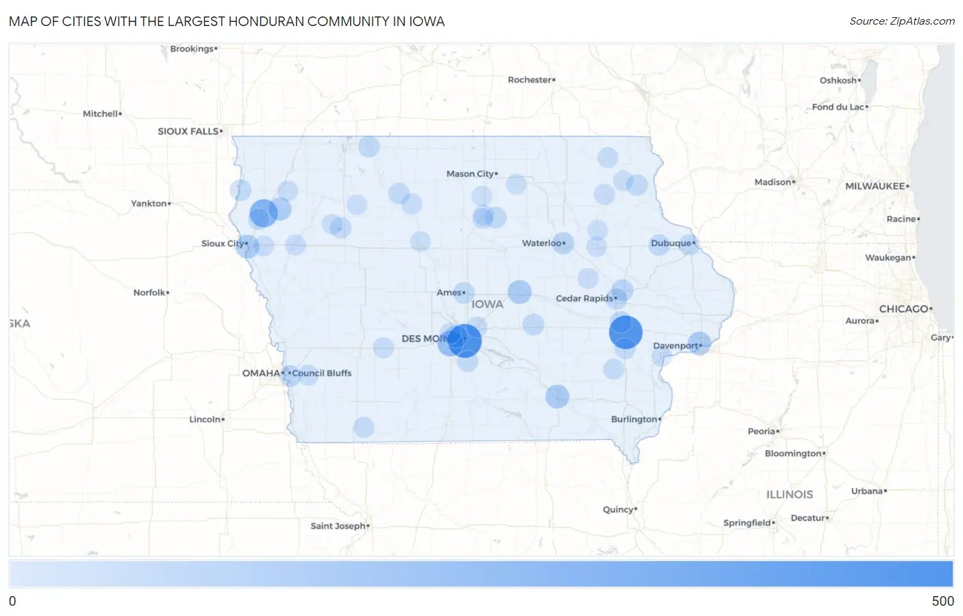 Cities with the Largest Honduran Community in Iowa Map