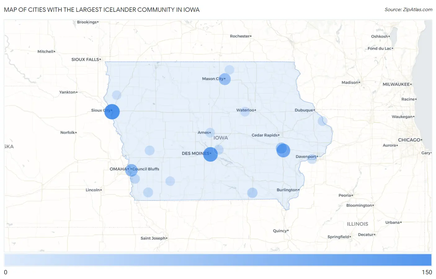 Cities with the Largest Icelander Community in Iowa Map