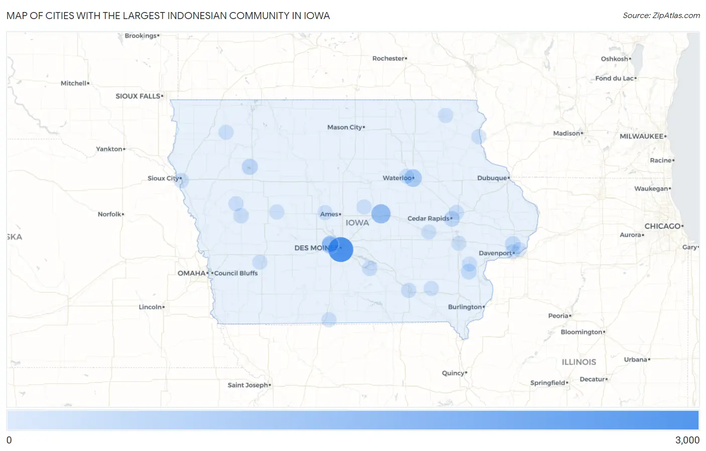 Cities with the Largest Indonesian Community in Iowa Map