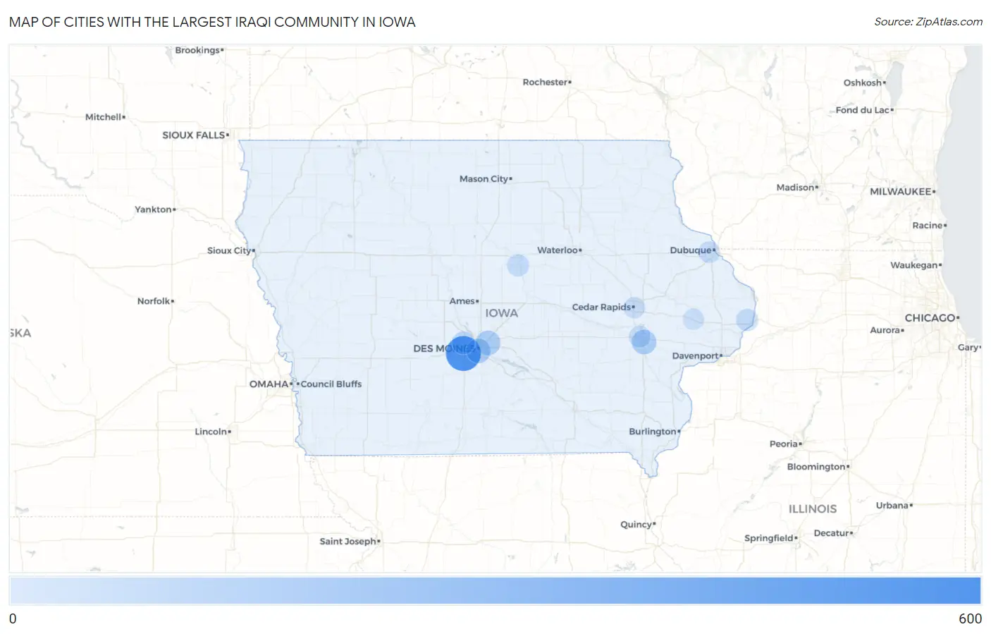 Cities with the Largest Iraqi Community in Iowa Map