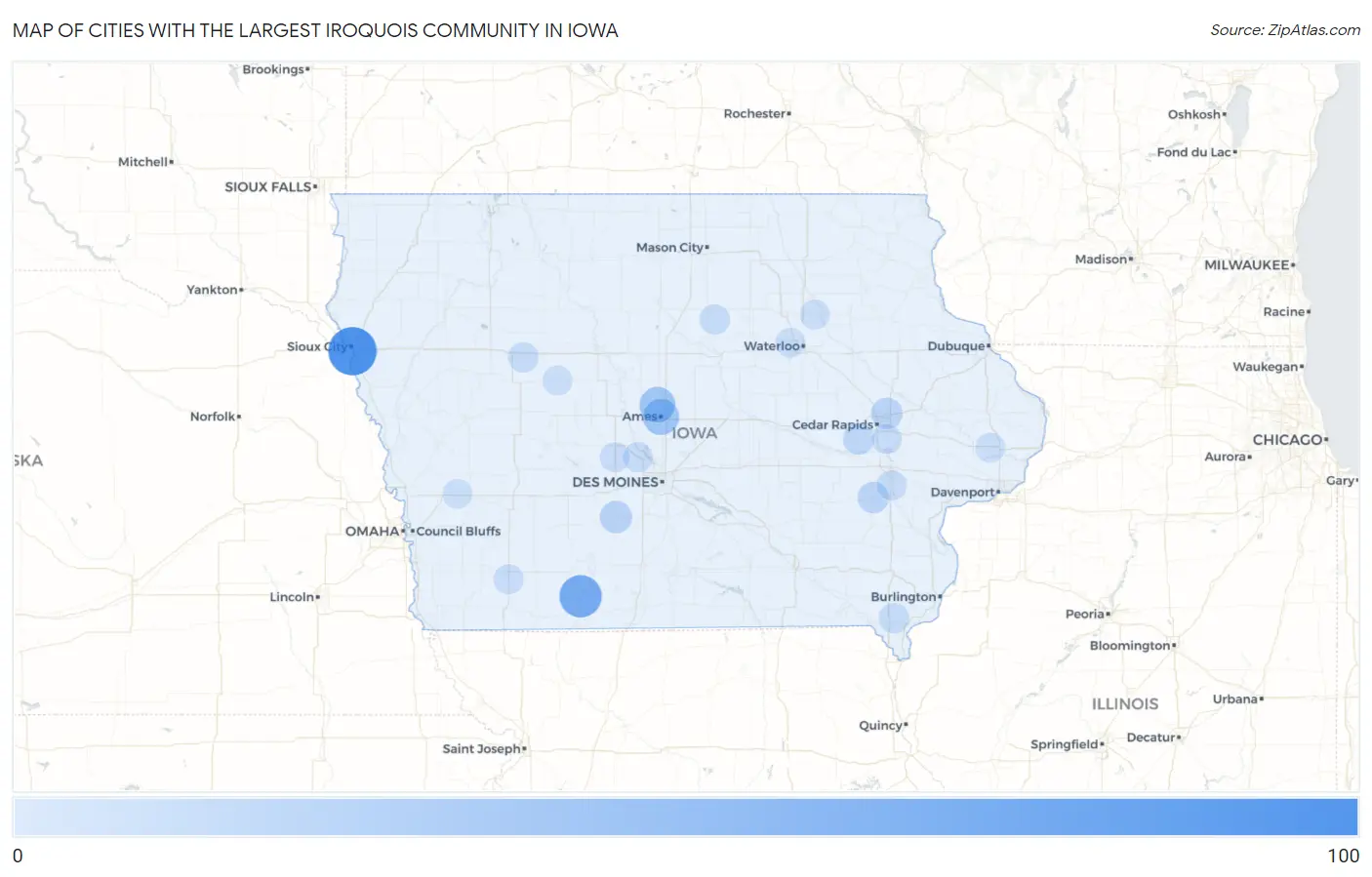 Cities with the Largest Iroquois Community in Iowa Map