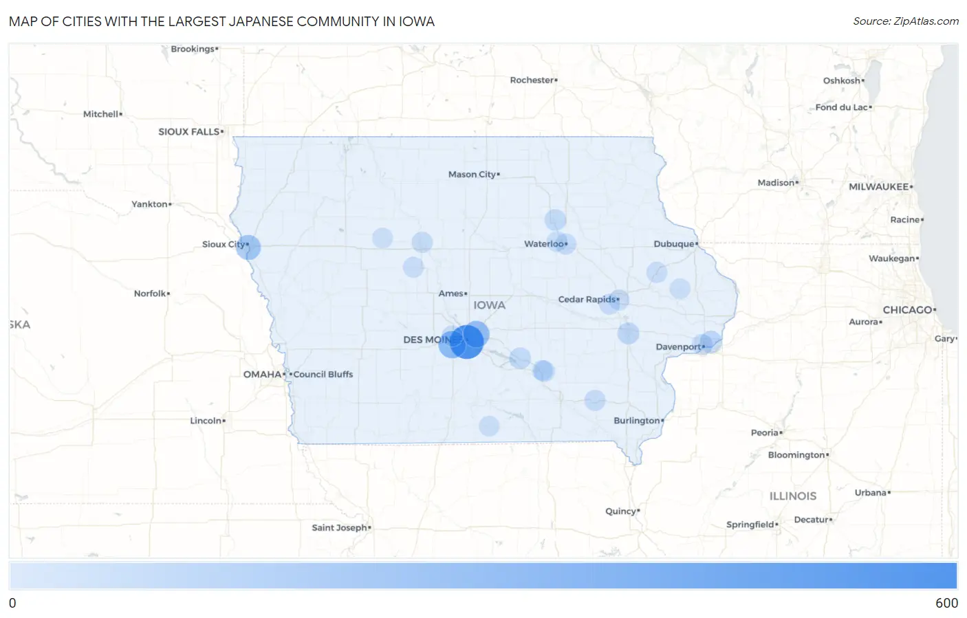 Cities with the Largest Japanese Community in Iowa Map