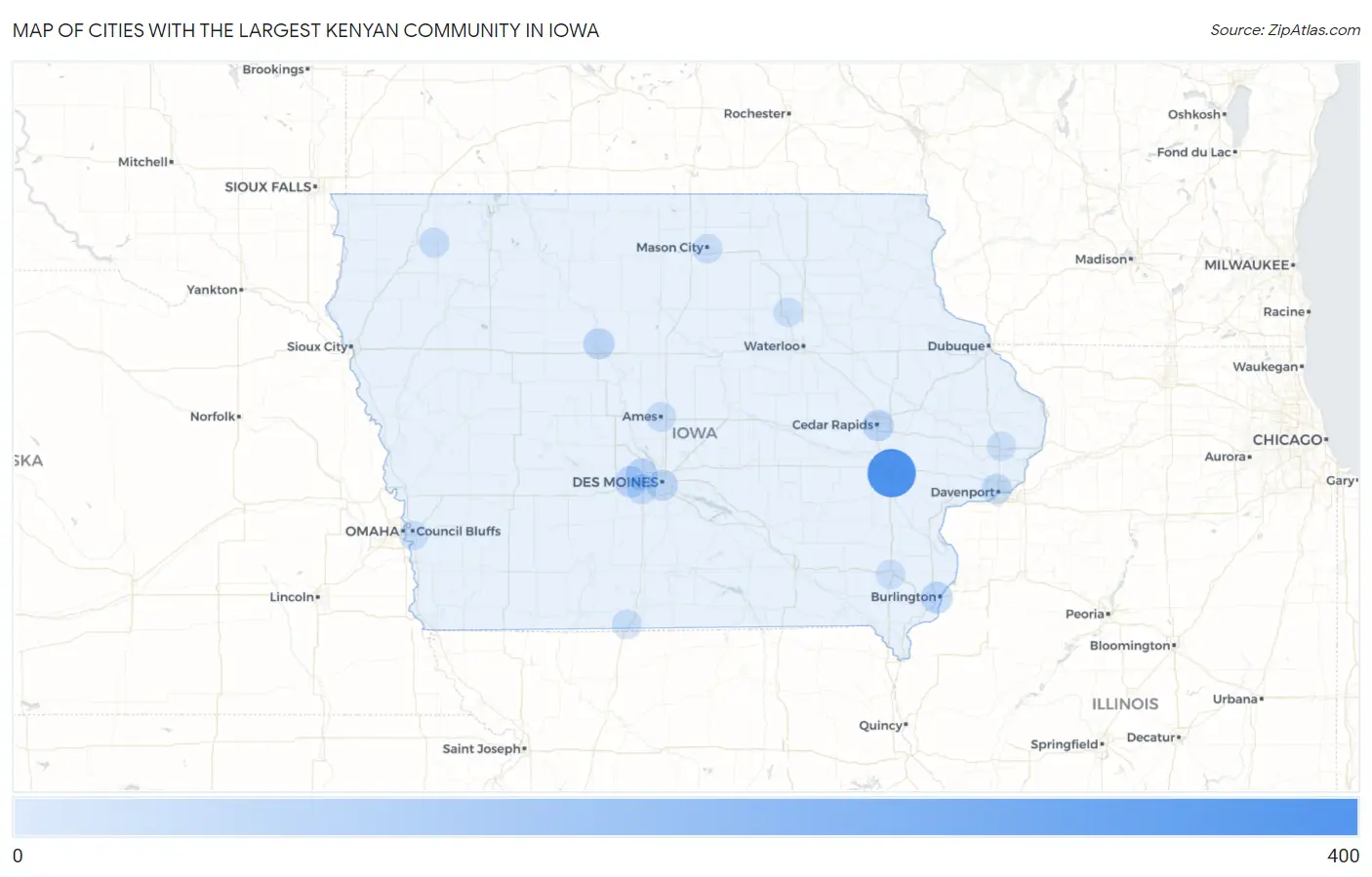 Cities with the Largest Kenyan Community in Iowa Map