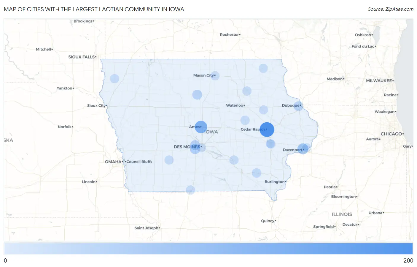 Cities with the Largest Laotian Community in Iowa Map