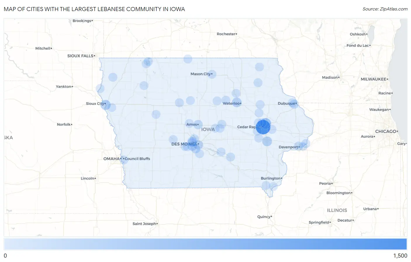 Cities with the Largest Lebanese Community in Iowa Map