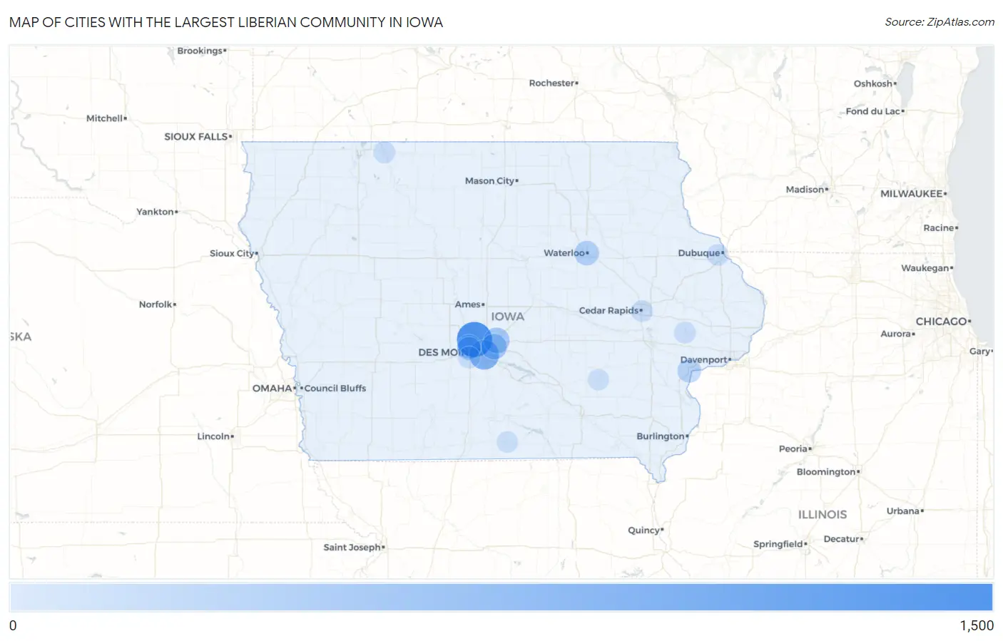 Cities with the Largest Liberian Community in Iowa Map