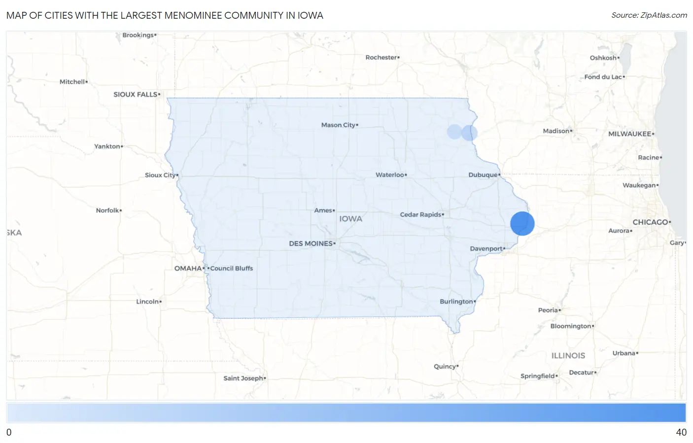 Cities with the Largest Menominee Community in Iowa Map