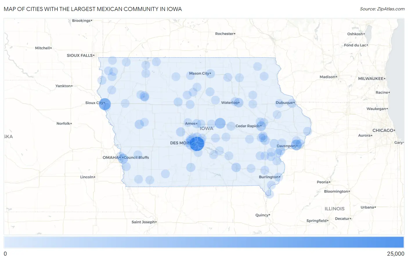 Cities with the Largest Mexican Community in Iowa Map