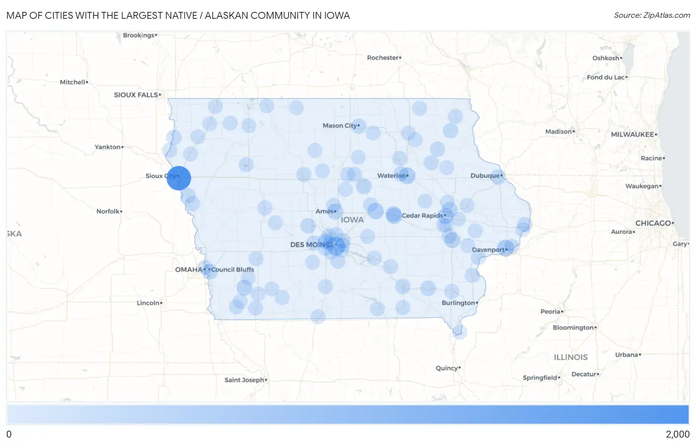 Cities with the Largest Native / Alaskan Community in Iowa Map