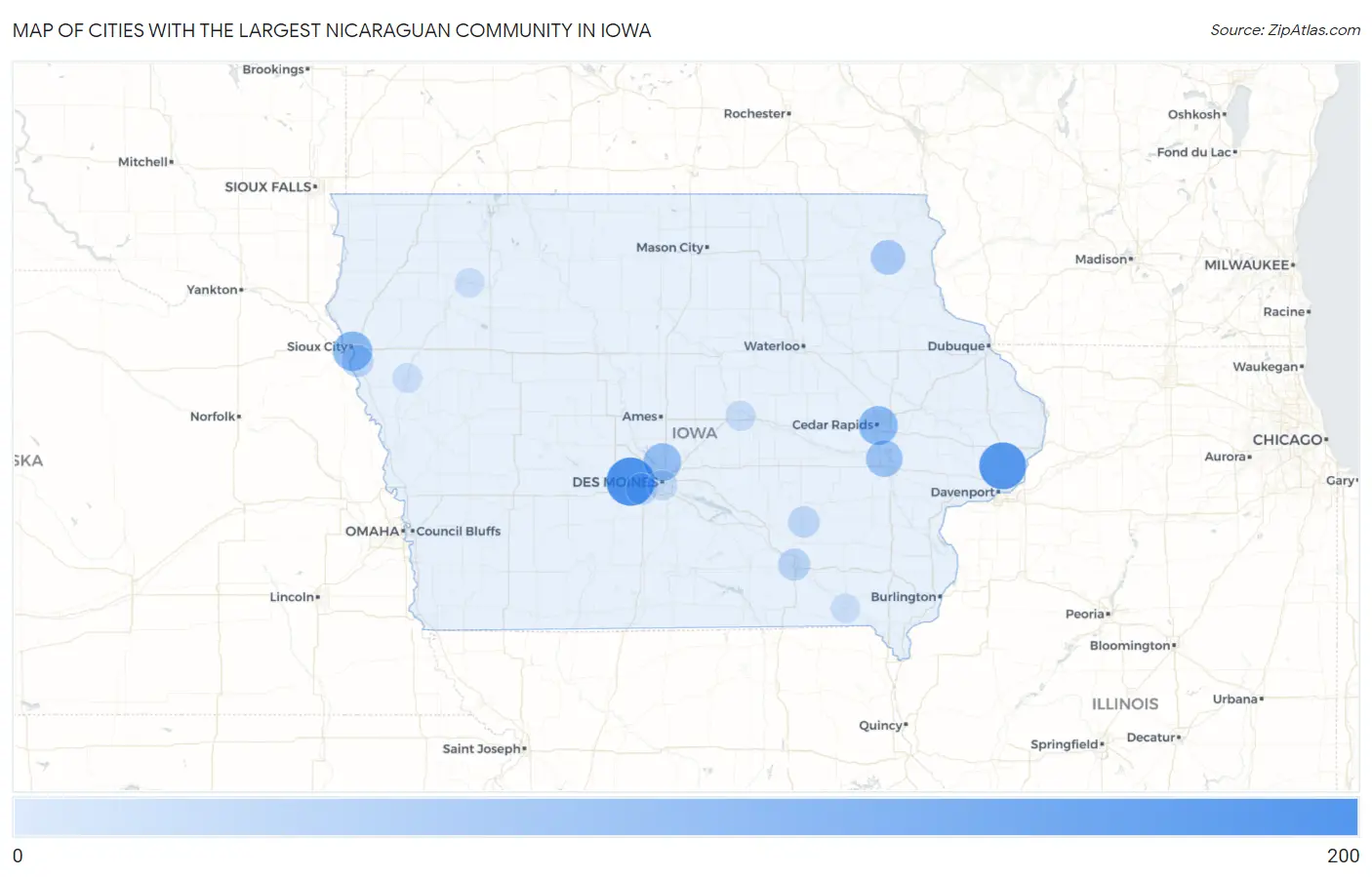 Cities with the Largest Nicaraguan Community in Iowa Map