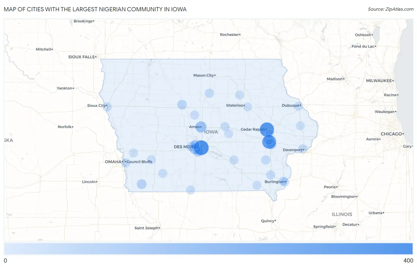 Cities with the Largest Nigerian Community in Iowa Map
