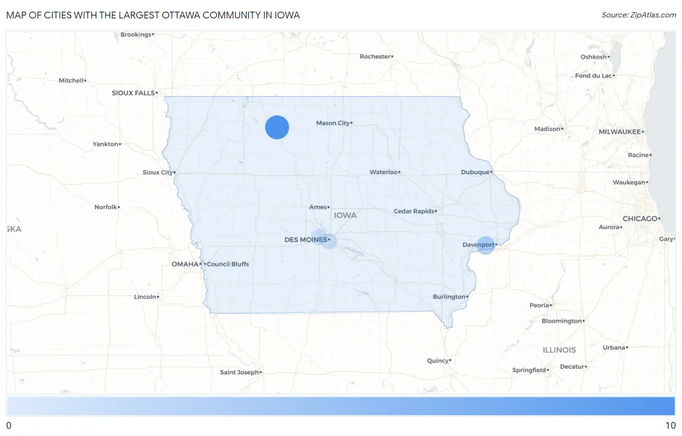 Cities with the Largest Ottawa Community in Iowa Map