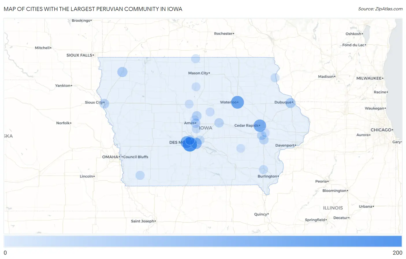 Cities with the Largest Peruvian Community in Iowa Map