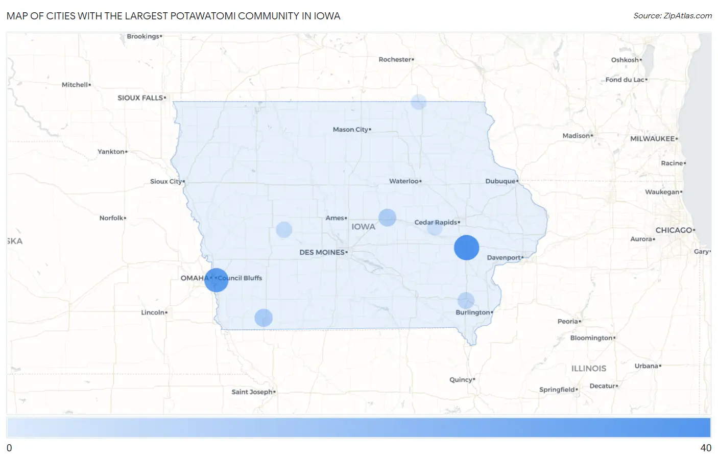 Cities with the Largest Potawatomi Community in Iowa Map